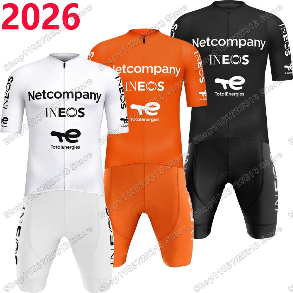 2026 チーム Netcompany-INEOS サイクリングジャージセット白黒オレンジサイクリング服男性夏ロードバイクシャツスーツビブショーツ