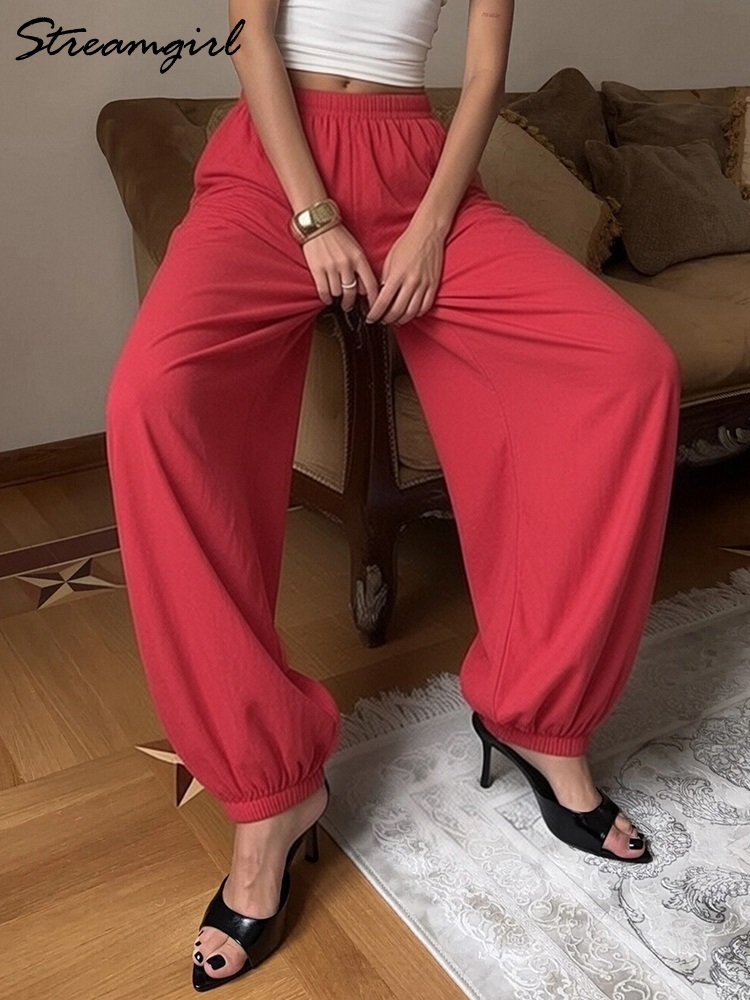 Streamgirl 赤パンツだぶだぶの綿の女性の夏の弾性ハイウエストワイド脚ズボンオフィスウェア女性のベージュブルマパンツ