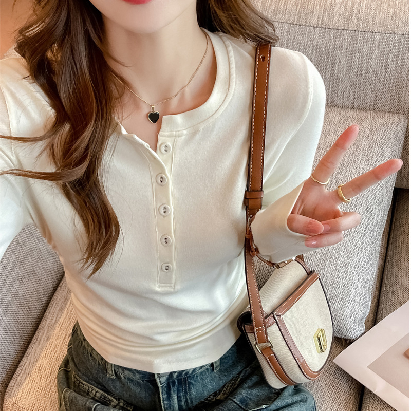 韓国ボタンアップ長袖 Tシャツ女性秋冬高弾性スリムフィットソリッドベーシックトップス女性オールマッチベースレイヤーシャツ