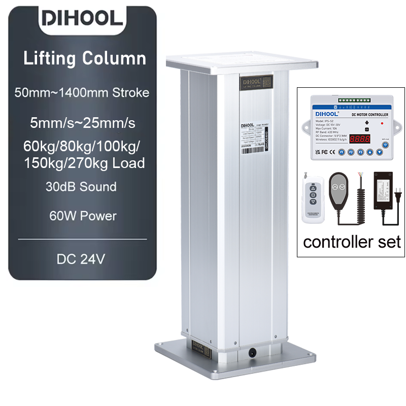 Dihool 2 セクションアルミリフティングコラム 2500N 負荷 1000MM ストローク DC24V 60 ワットパワーモーターリモコンアルミプレート付き