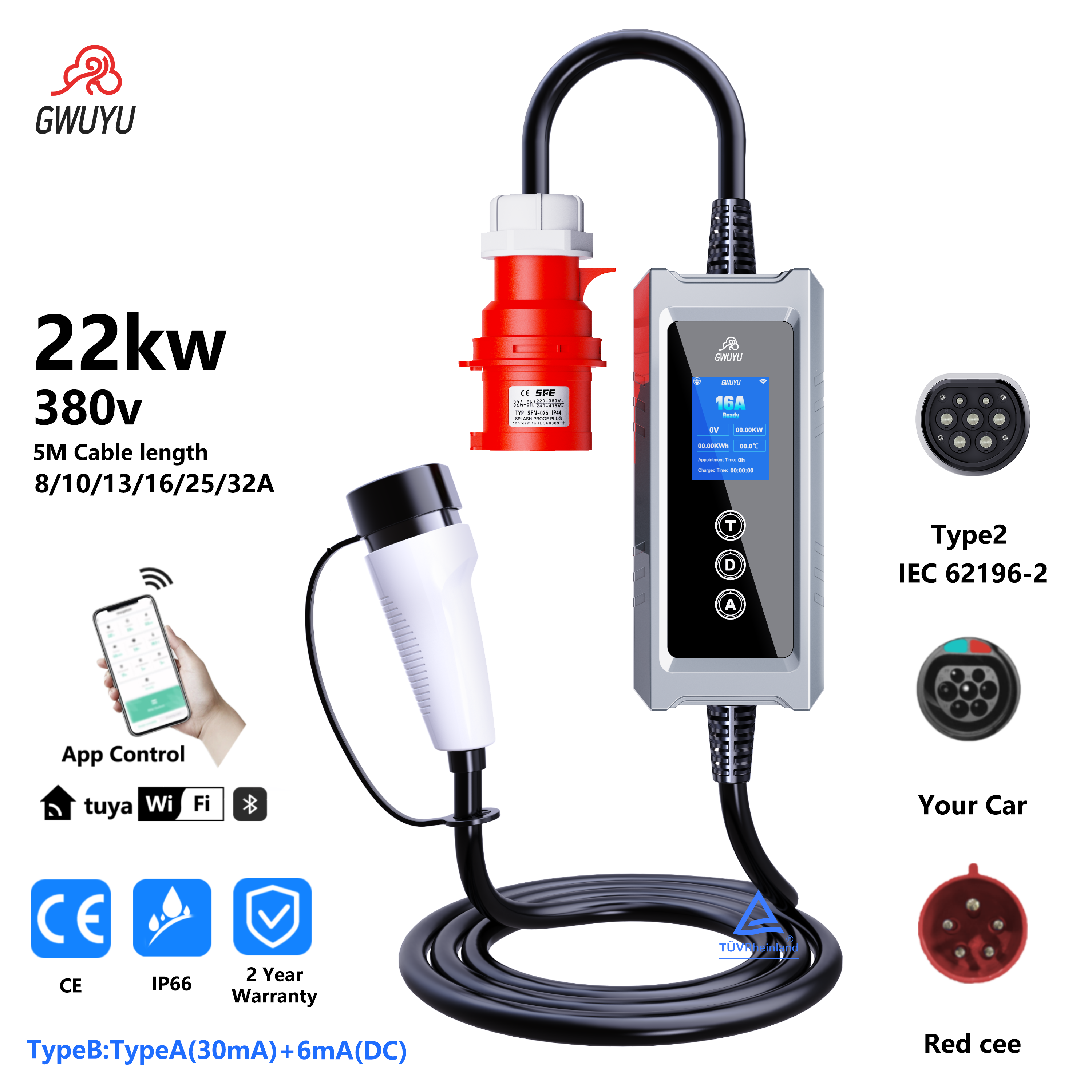 GWUYU ポータブル EV 充電器 Type2 EVSE ウォールボックス 22KW 32A 3P 電気自動車の充電器 WIFI APP 制御付き電流調整