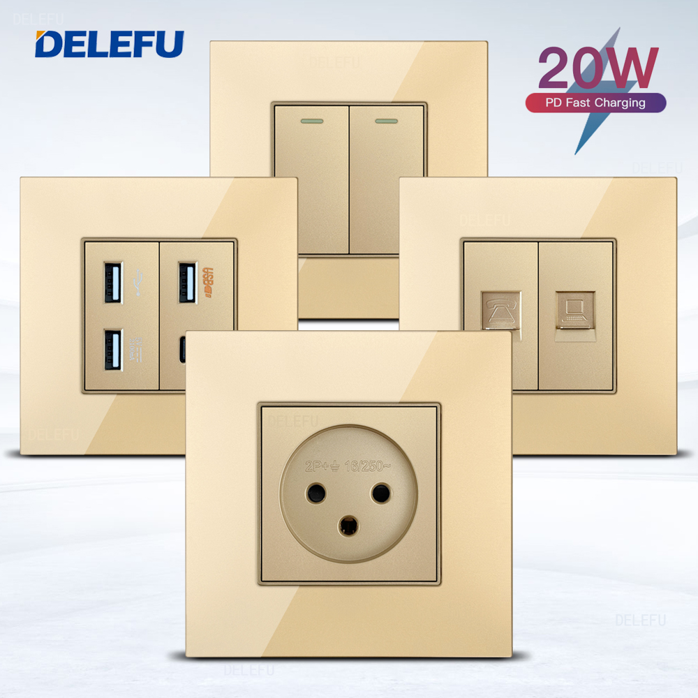 DELEFU ガラス A18 パネル 86 ミリメートルゴールドイスラエル標準 USB C タイプ急速充電壁ソケットスイッチテレビ電話 CAT5 CAT6