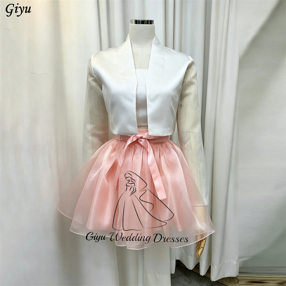 Giyu カスタマイズされたピンクのコントラストカラーの韓服ドレス A ラインミニ韓国結婚式の写真撮影ドレス長袖 3 個セットドレス