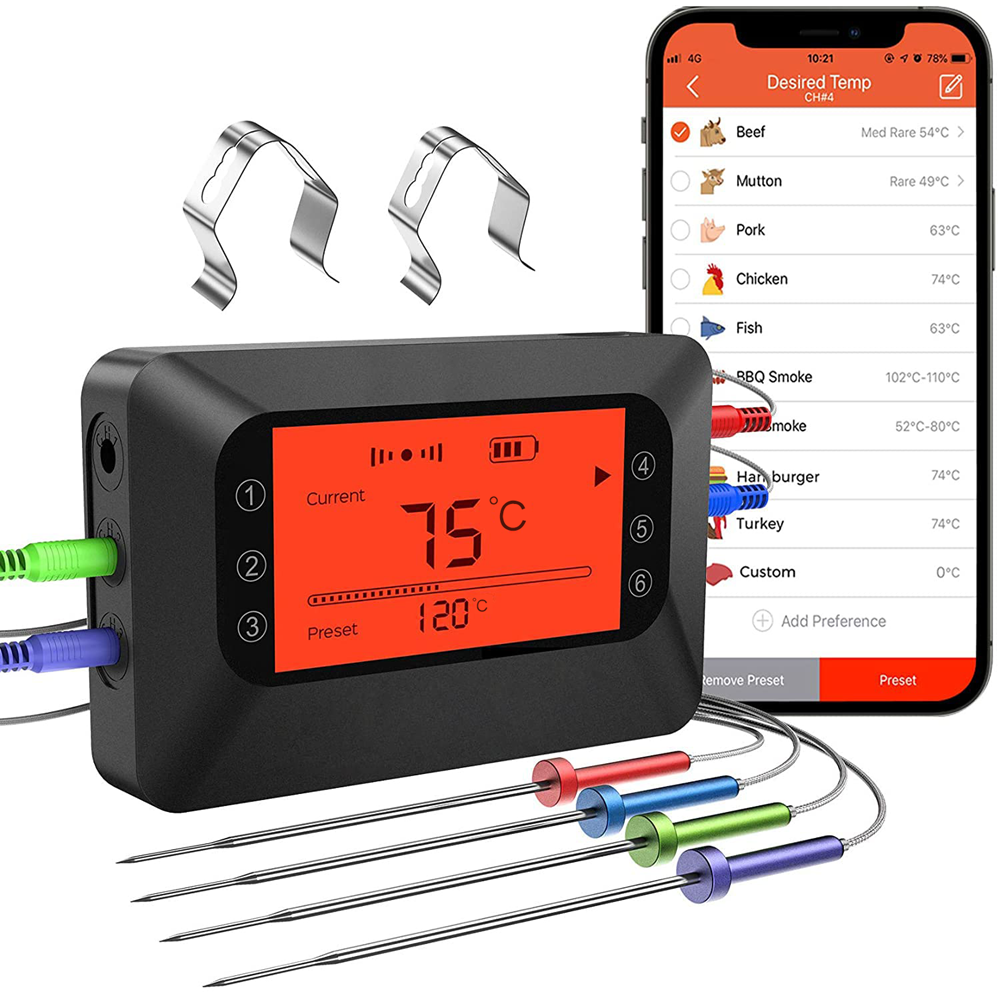 ワイヤレス Bluetooth 肉用温度計デジタルバーベキューキッチン温度計サポート 2-4 プローブ喫煙者調理グリルオーブンバックライト