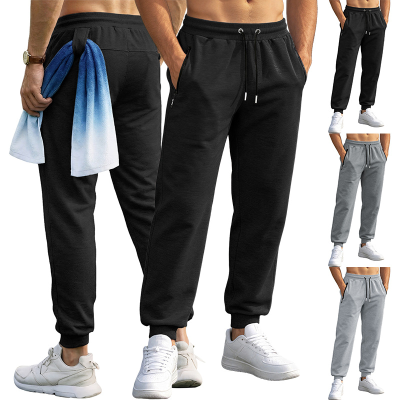 春/秋の高品質メンズスポーツパンツ、巾着袖口とジッパーポケット付き - ソリッドカラーの伸縮性のあるカジュアルパンツ