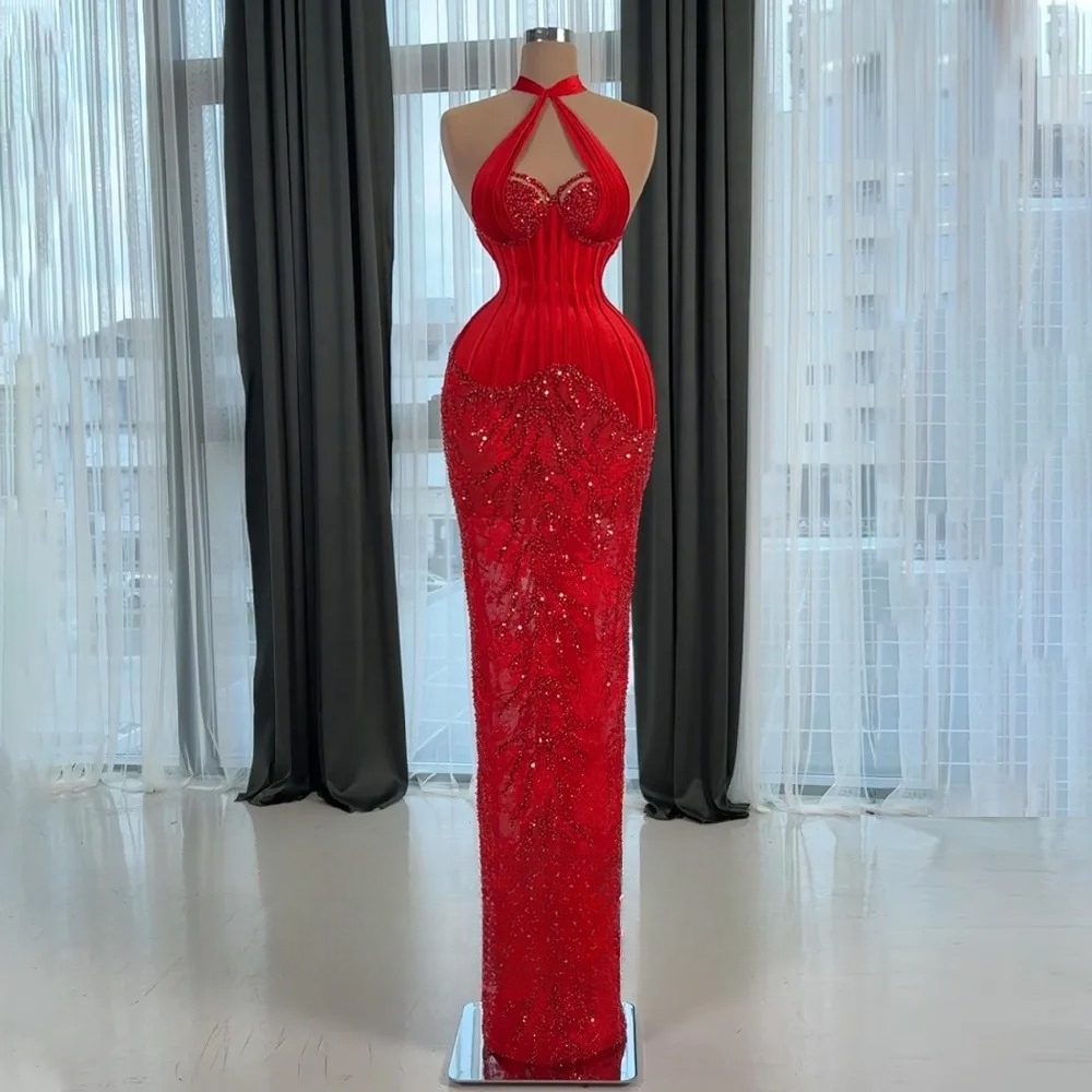 Evening Dresses Amanda Attractive Halter Sleeveless Floor Length Trumpet Mermaid Pleat Sequins Lace Appliques Gown Customized