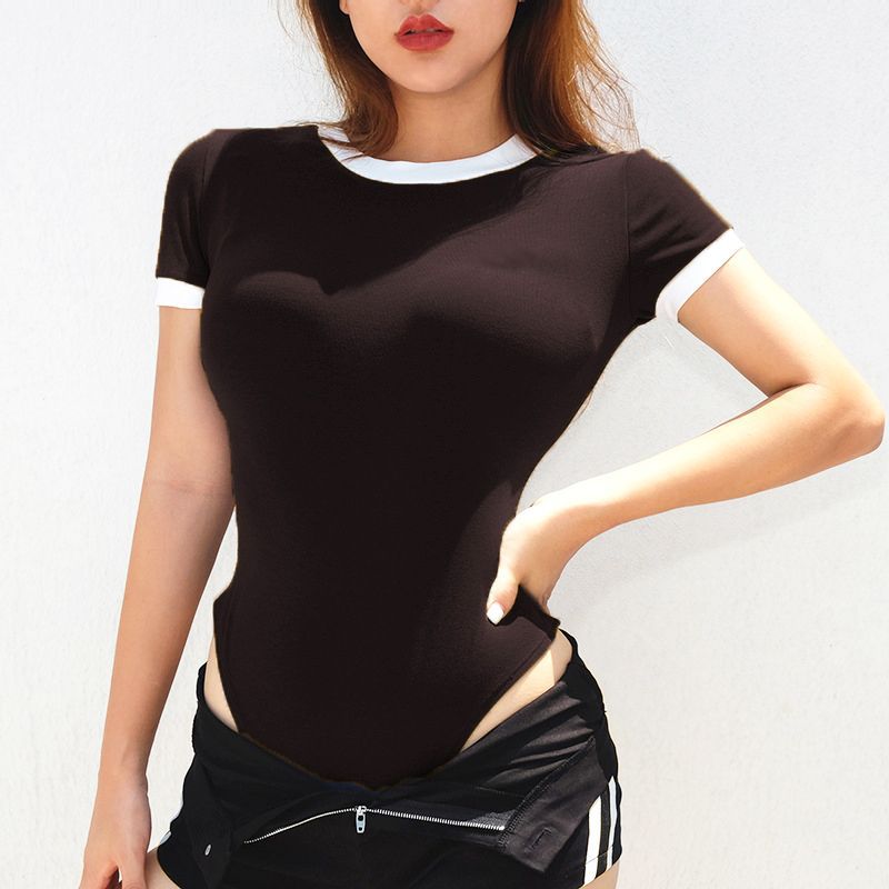 ファッション原宿黒ボディスーツ女性のセクシーな Y2K ヴィンテージトップス夏服韓国半袖ハイウエストジャンプスーツ女性のための