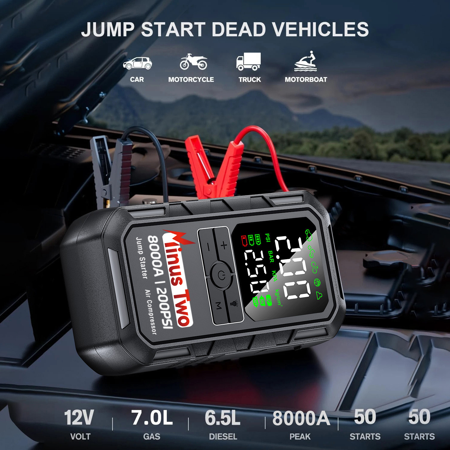 8000A 車用ジャンプスターター、エアコンプレッサー、200PSI タイヤインフレーター、ハイパワーバンク、USB-C 充電、12V ガス/ディーゼル用 EVA バッグ付き