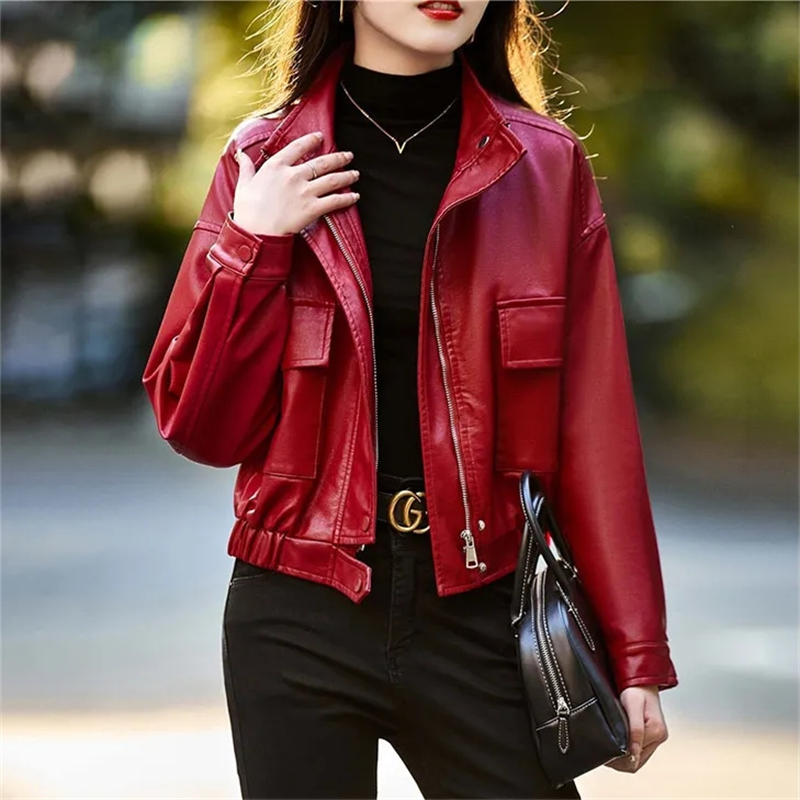ファッションルースレザージャケット女性ショートコートストリートヘビ革テクスチャアウタースタンドアップカラーカジュアルジャケット春秋