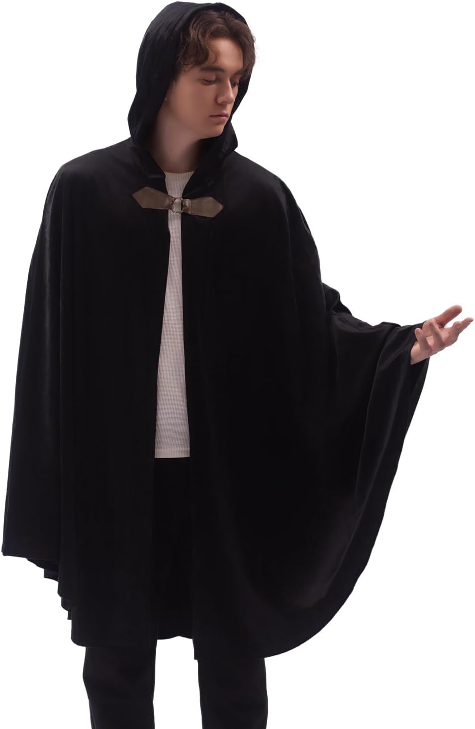 フード付きメンズベルベットマント、女性用ルネサンス中世フード付きマント、メタルループクラスプ付きハロウィンフードケープ