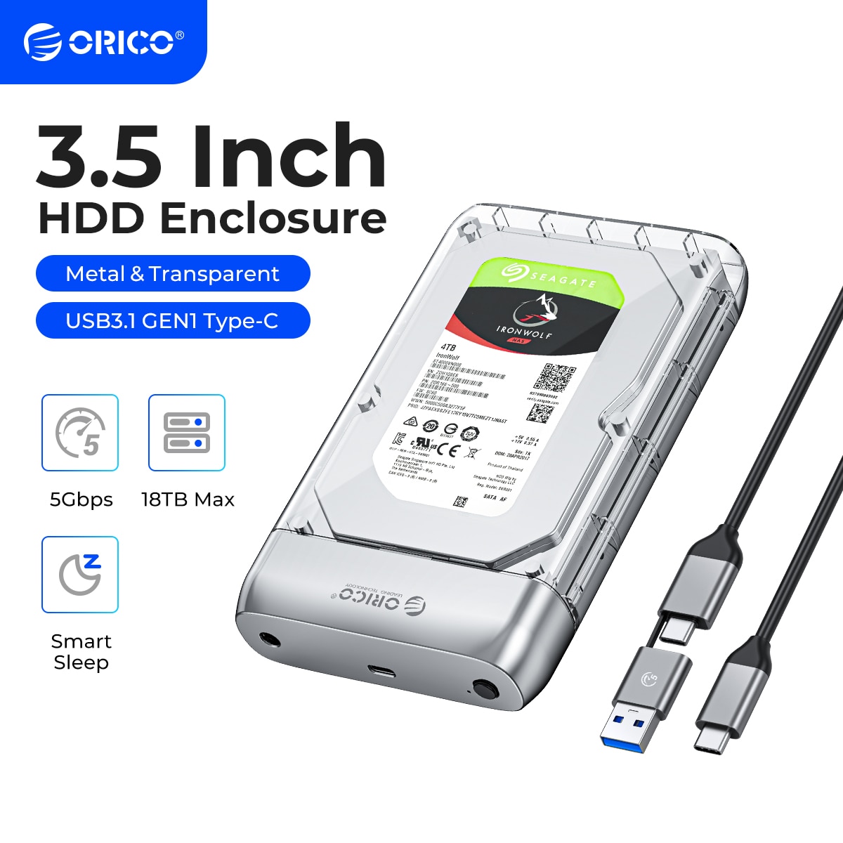 ORICO 3.5 インチ透明 Type-C 5Gbps ハードドライブエンクロージャ金属ハードドライブエンクロージャ PC ラップトップの自動休止状態をサポート
