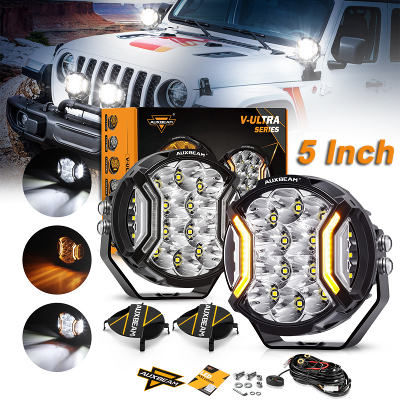 AUXBEAM 5 インチラウンド LED ドライビングランプスポットビームワークライト両面シューティングライト配線ハーネス付きトラックピックアップオフロード