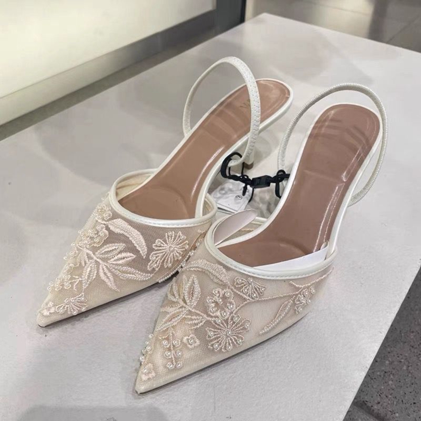 ブランドデザイナー白人女性パンプスメッシュ刺繍花バックストラップセクシーなスリングバックハイヒールドレス結婚式の靴女性のための