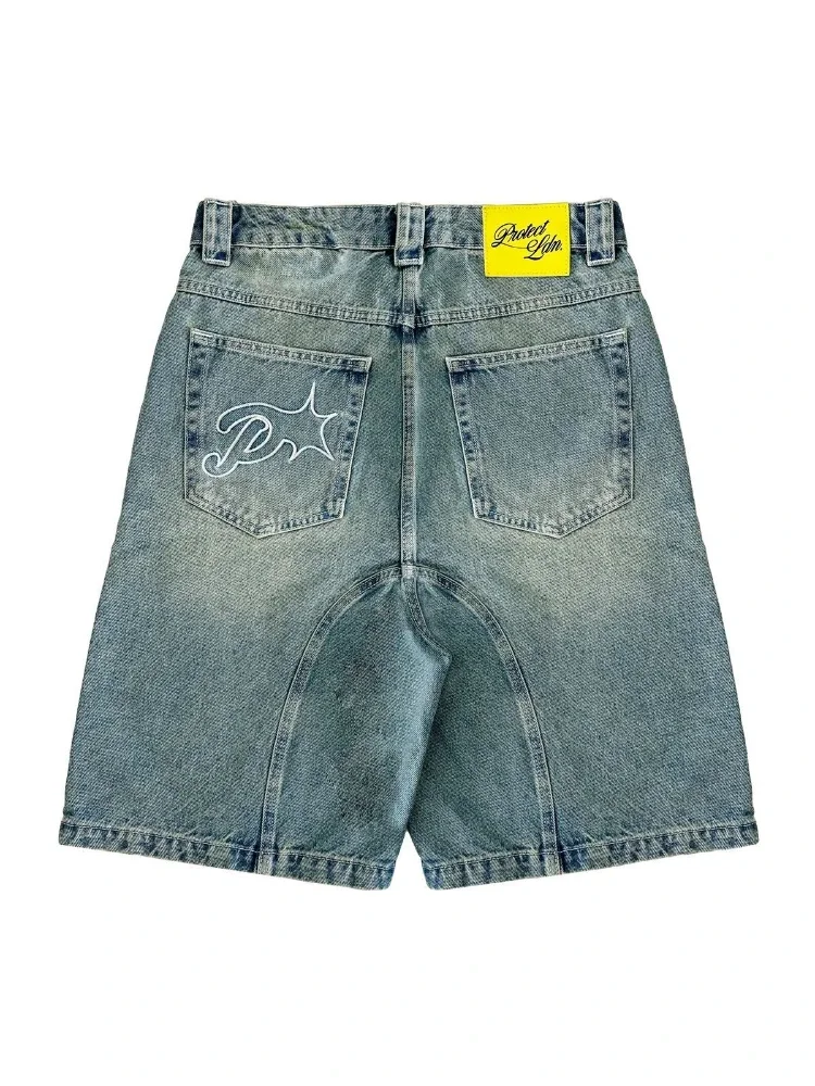 Men's denim shorts Y2k retro Harajuku short jeans women's washing embroidery American retro cowboy Jorts loose hip-hop hip-hop