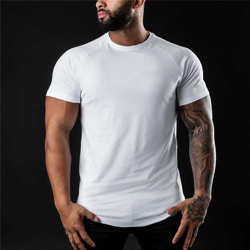 無地ジム Tシャツ男性夏のフィットネス服 O ネック半袖 Tシャツ綿スリムフィット Tシャツボディービルワークアウト Tシャツトップス