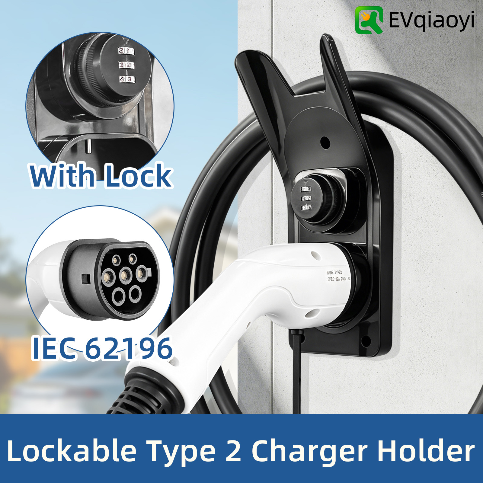 EVqiaoyi タイプ 2 EV 充電器ホルダー充電ケーブルフック​​壁取り付けホルスタードック IEC 62196-2 充電ステーション用