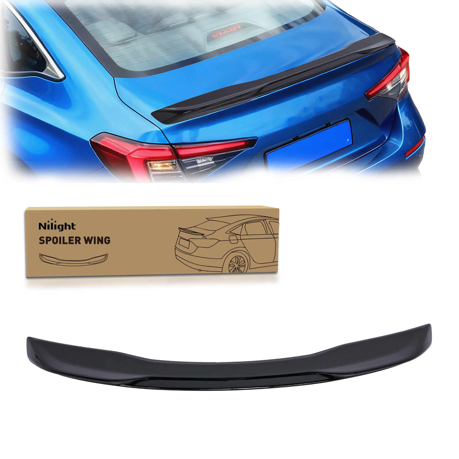 Nilight スポイラー ホンダ シビック セダン 2022 2023 2024 2025 22 23 24 25 2026 車用スポイラー リアスポイラーウィング ABS スポーティな外観リアトランクリップアクセサリー ドリル不要の取り付け、光沢のあるブラック