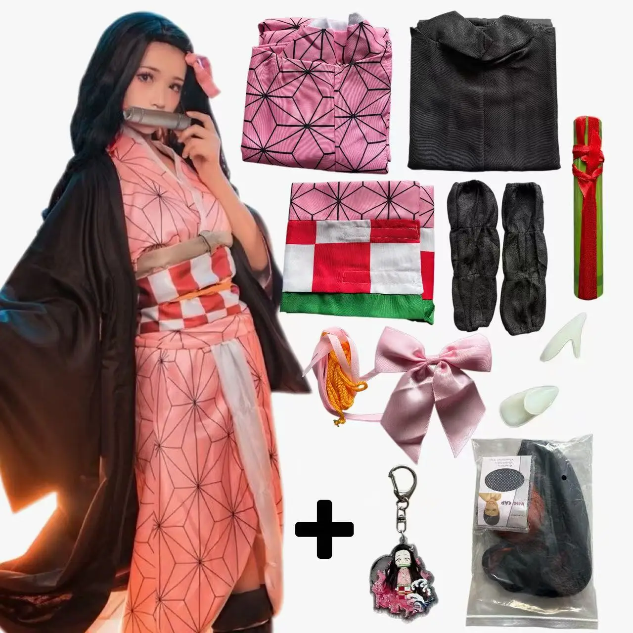 アニメキャラクター竈門禰豆子コスプレ着物衣装かつら女性のハロウィンパーティーカーニバル衣装とかつら