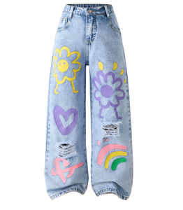Custom Design Floerns Girls' Heart-Print Cute Distressed Loose-Fit Straight-Leg Wide-Leg Streetwear Jeans
