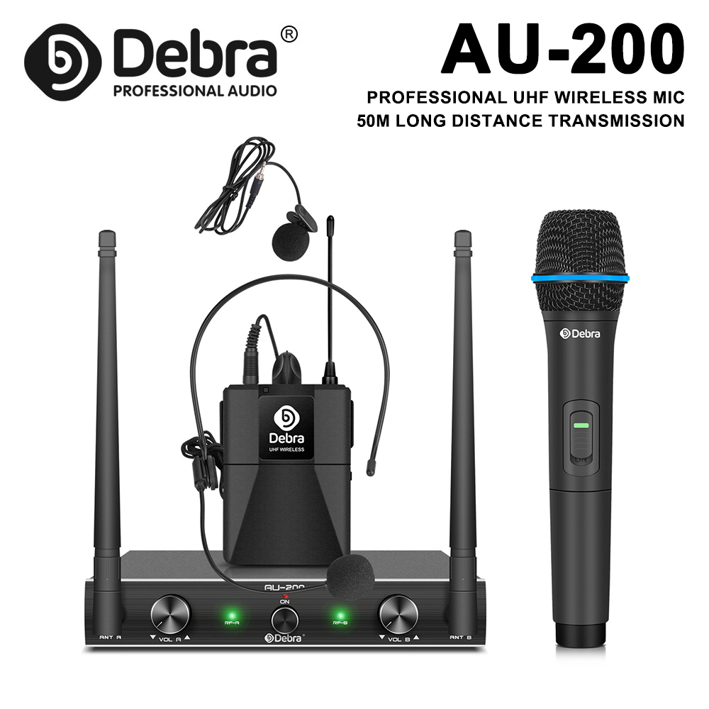 IKGE AU200 ワイヤレスマイクシステム、ポータブル UHF 2 チャンネルハンドヘルドまたはラベリアとヘッドセット、バンドパフォーマンス、カラオケ用