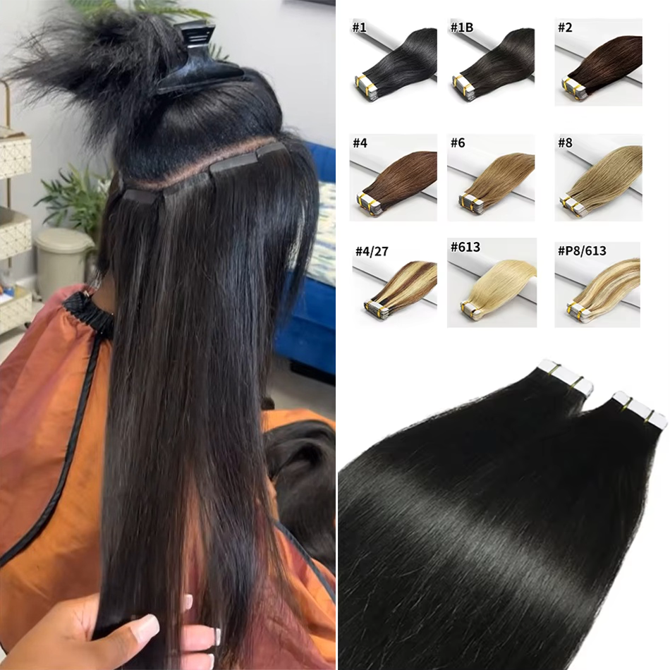 テープ人毛エクステンションストレート不可視シームレスナチュラルブラック 100% ブラジルバージンヘアテープインヘアエクステンション 100 グラム