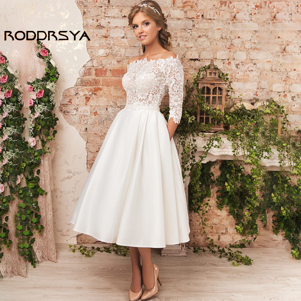 RODDRSYA ヴィンテージ花嫁ドレスレースサテン A ラインのウェディングドレス 2023 女性のための長袖スクープカラー茶丈ブライダルスカート