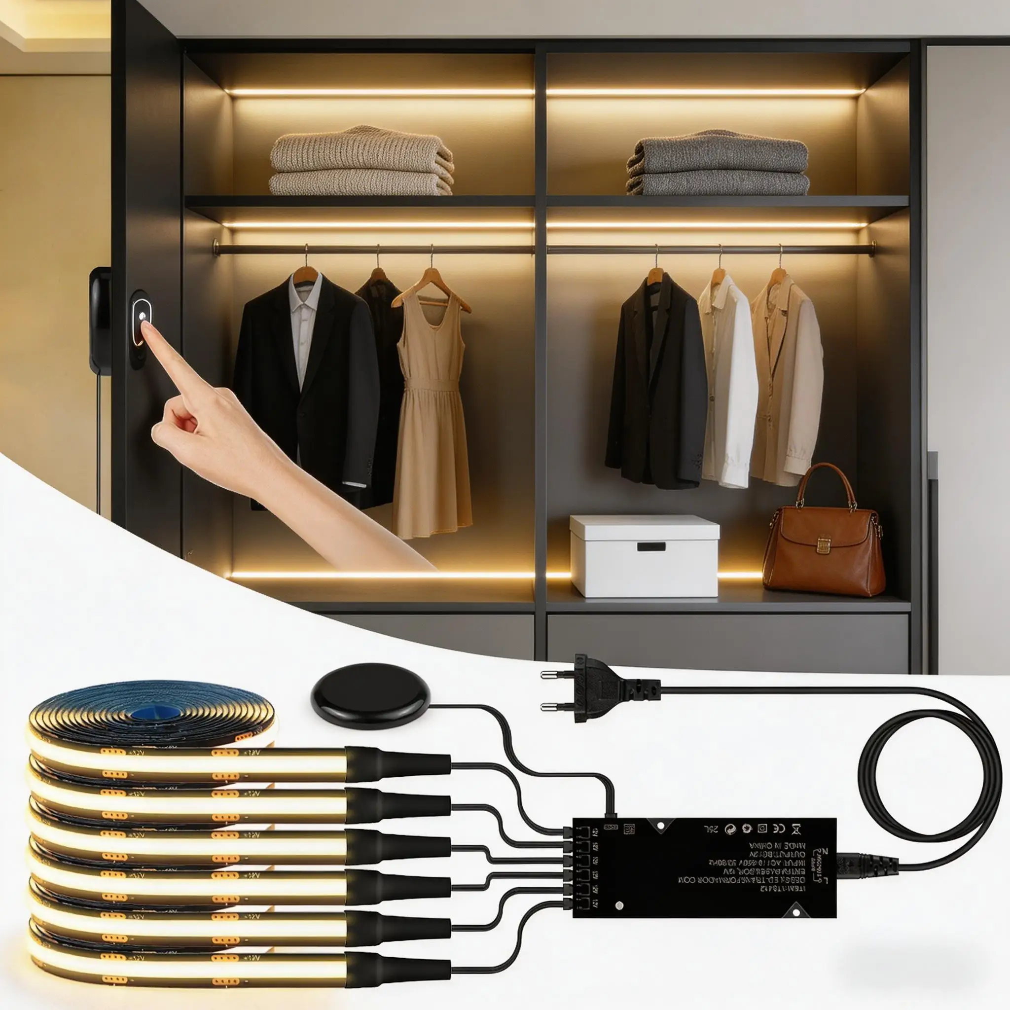 1-10 Channel COB LED Strip Kit - Black PCB, With No-Drill Dimmable Penetrating Board Touch Sensor Switch for Cabinet Background