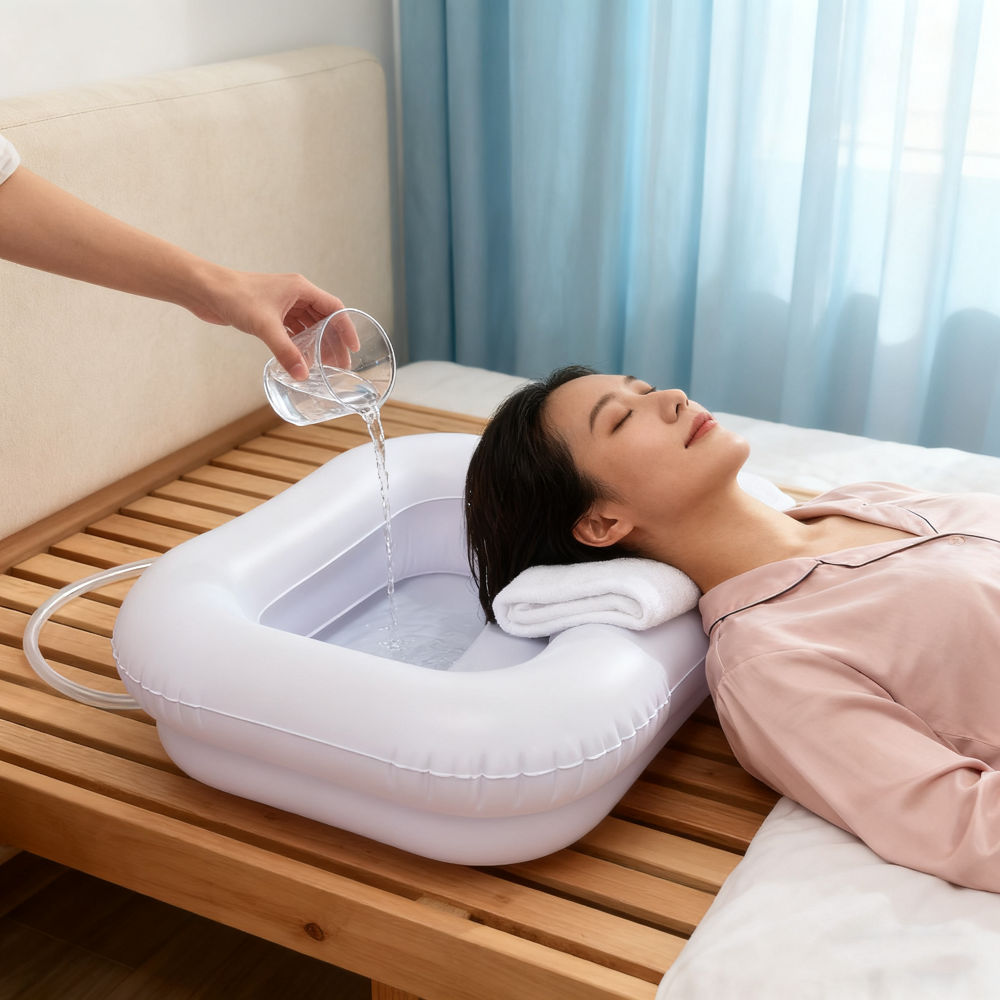 PVC インフレータブル シャンプー台、医療用ポータブル インフレータブル シンク、妊婦がベッドに横たわっているときに使用できるポータブル シャンプー装置、高品質で快適なインフレータブル シャンプー開発者