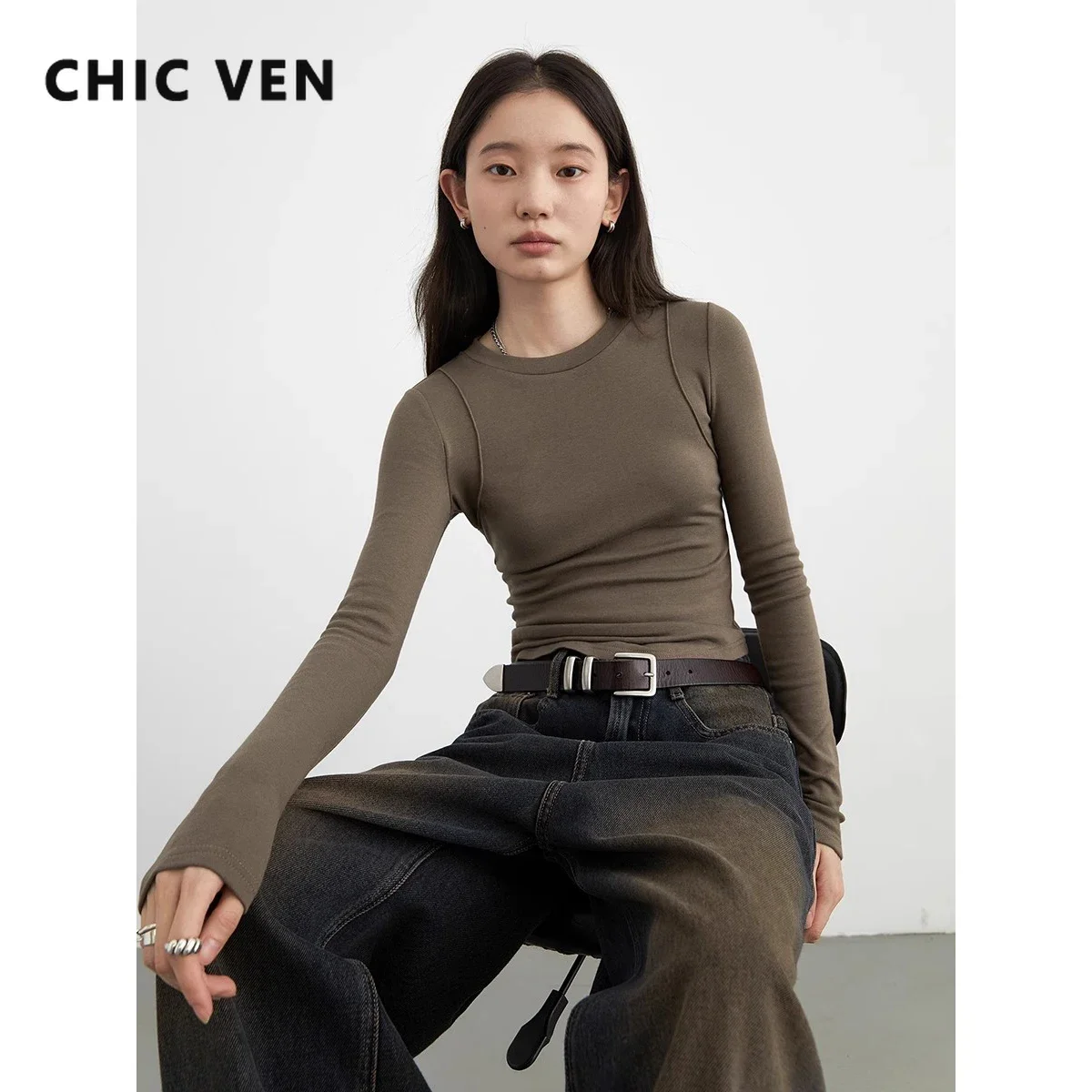 シック VEN 女性 Tシャツ固体新ベーシック加熱カシミヤラウンドネック女性 Tシャツスリムフィット女性トップス春秋 2024