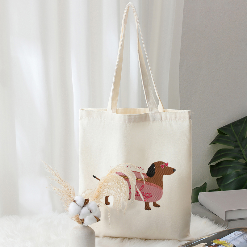 刺繍入りバレンタイン犬柄トートバッグキャンバスショッピングバッグ夏の旅行用折りたたみビーチバッグ女性用ガールハンドバッグ