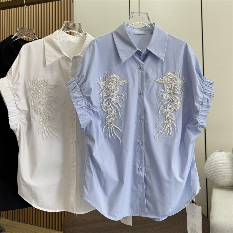 女性ヘビービーズ刺繍シャツ特大ブラウス弾性袖口ルーズフィットボタンアップファッションカジュアルトップ