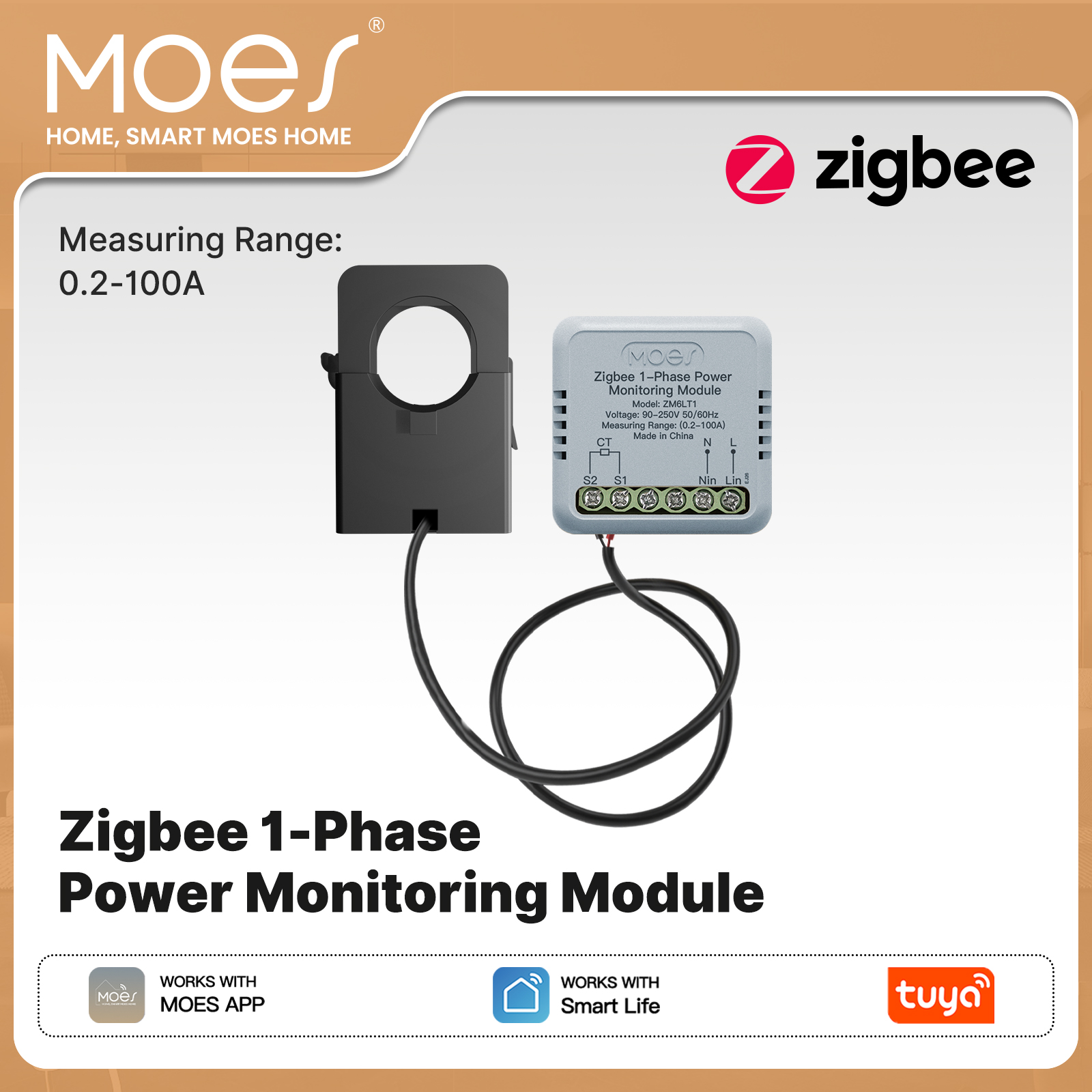 MOES Tuya Zigbee スマート 1 相エネルギーパワーメーター 100A APP 監視モジュール双方向変流器センサークランプ付き
