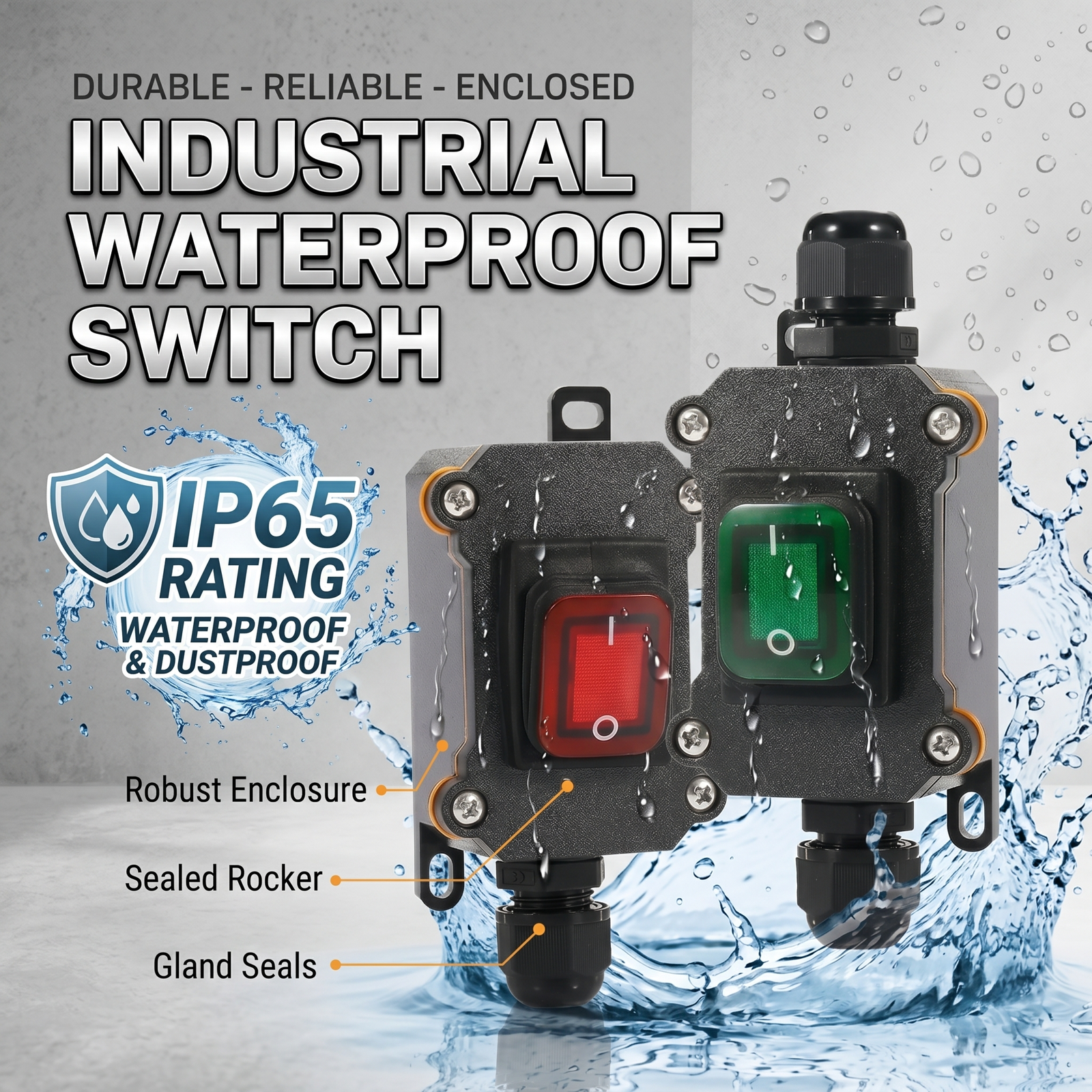 IP65 防水ロッカースイッチボックスオンオフインラインケーブル制御配電盤 PG7 グランド赤緑点灯ボタン付き屋外用
