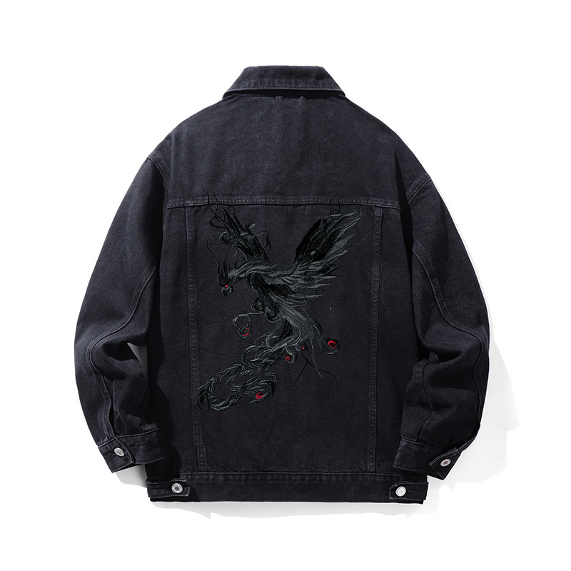 秋メンズデニムジャケットフェニックス刺繍中国風洗浄綿カジュアルコートラペル襟ユニセックスストリート FF6054