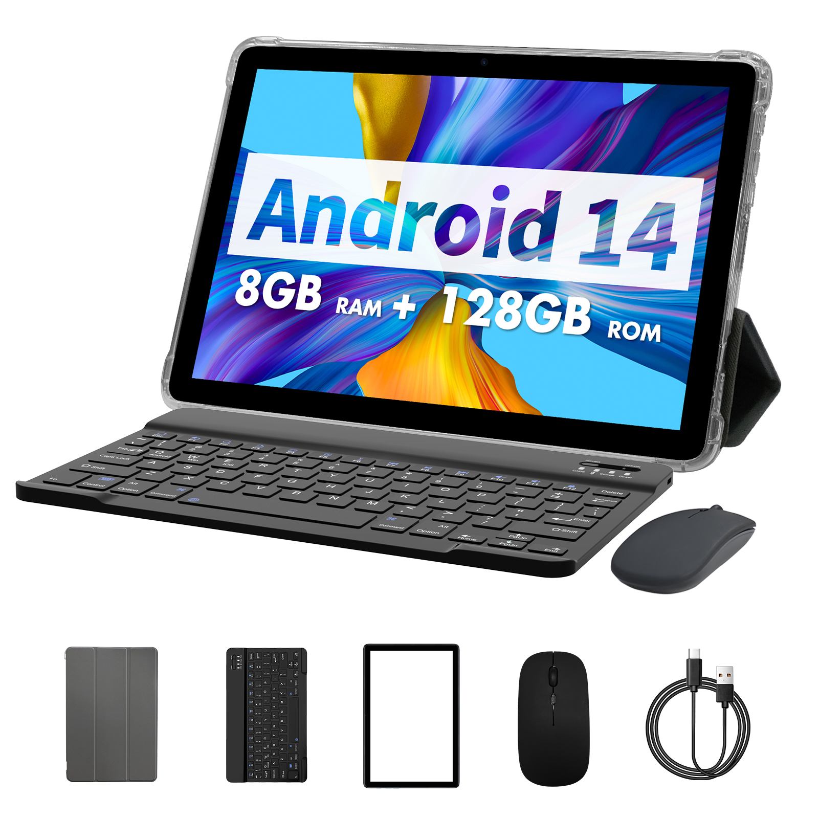 PRITOM TAB11 Android 14タブレット 10インチ、8GB(4+4拡張) RAM + 128GB ROM、オクタコア、5G WiFi、キーボード、マウス、ケース付き