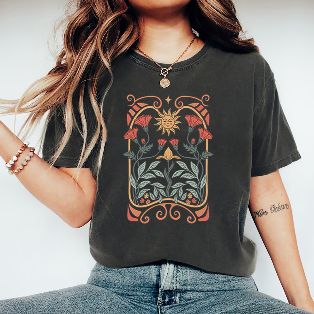 自由奔放に生きる野生の花 Tシャツ自由奔放に生きる花 Tシャツ女性半袖 Tシャツヴィンテージカジュアルトップス花自然 Tシャツ女性服