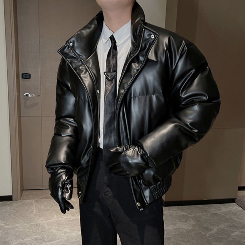 冬のレザージャケット男性オーバーサイズスタンドカラーカジュアルフグパーカー厚く保温ボンバージャケットヒップホップオーバーコート男性服