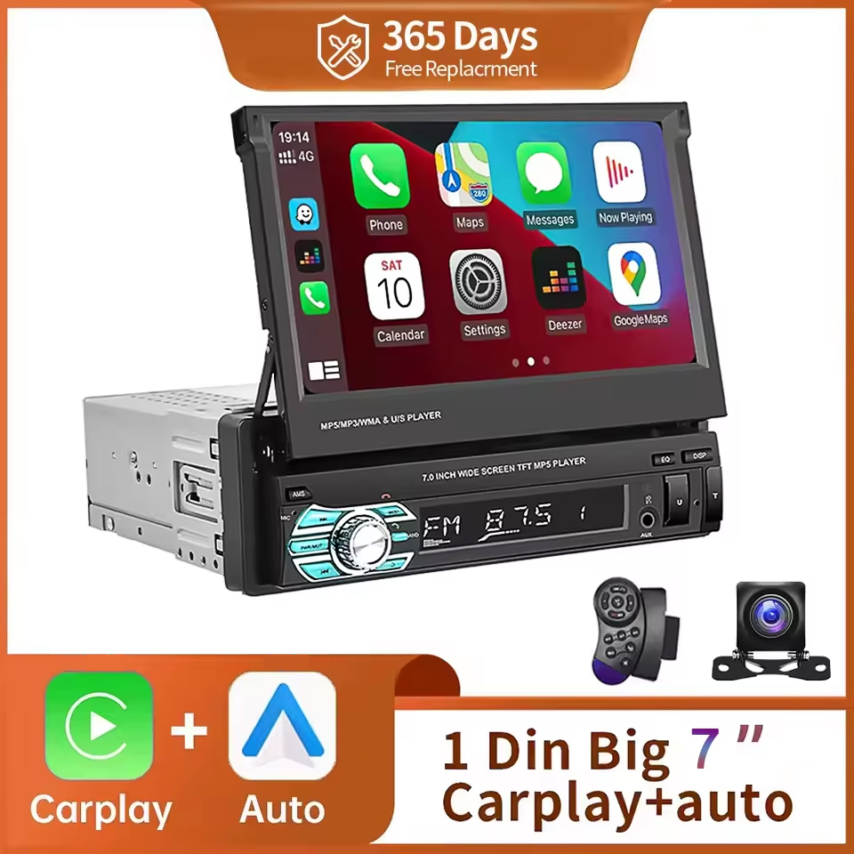 1 Din MP5 プレーヤー 7 インチ Carplay Android Auto ユニバーサルマニュアル自動格納式タッチスクリーンカープレーヤー FM ラジオ