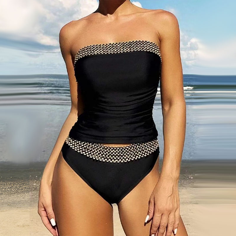 女性ストラップレスビキニセット無地夏の女性のツーピースビーチウェアヴィンテージレディセクシーなハイウエストホリデービーチ水着