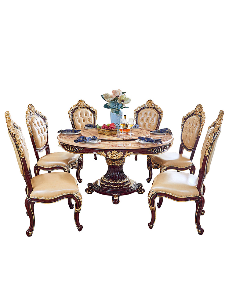 #European Round Table Marble Dining Table and Chair Combination Luxury Villa Restaurant Set Furniture Dining Table
