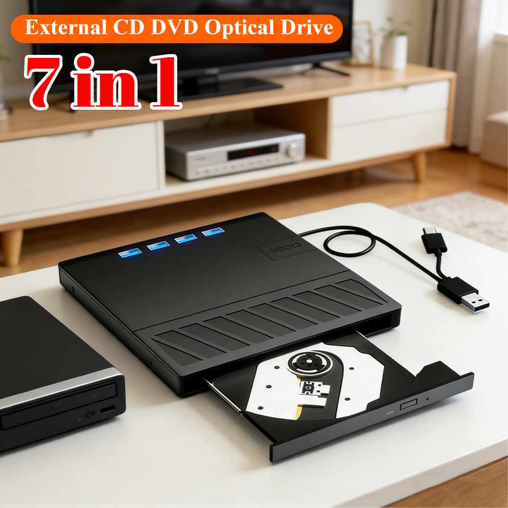 7 in 1 USB 3.0 Type C DVD プレーヤー バーナー リーダー SD/TF ポート付き外部 CD DVD ドライブ Windows XP/7/8/10/11 ラップトップ デスクトップ用