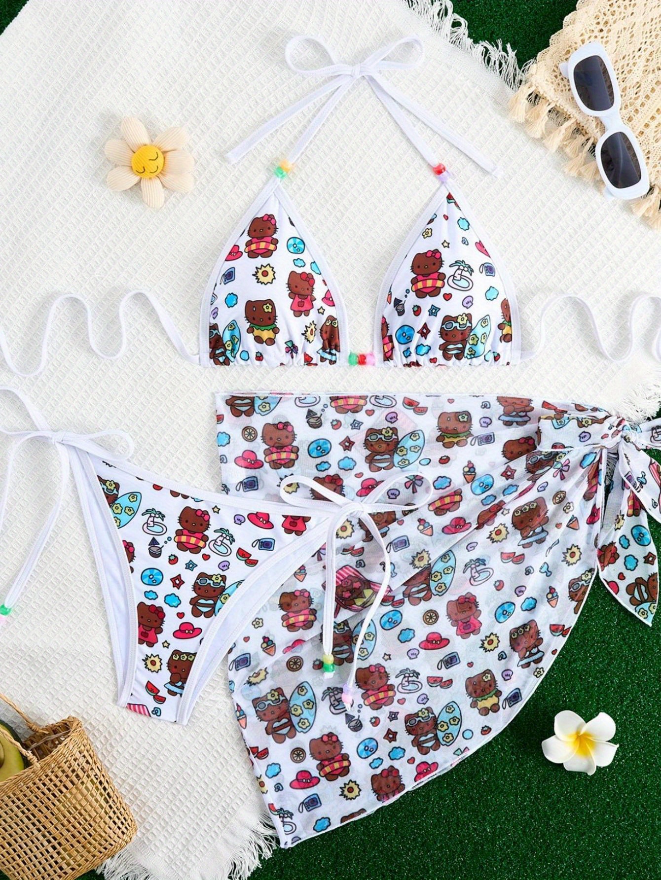 3Pcs Cartoon Cat Print Bikini Set, Halter Triangle Top + Tie Side Bottom + Cover Up Skirt, Women's Swimwear For Summer Holiday