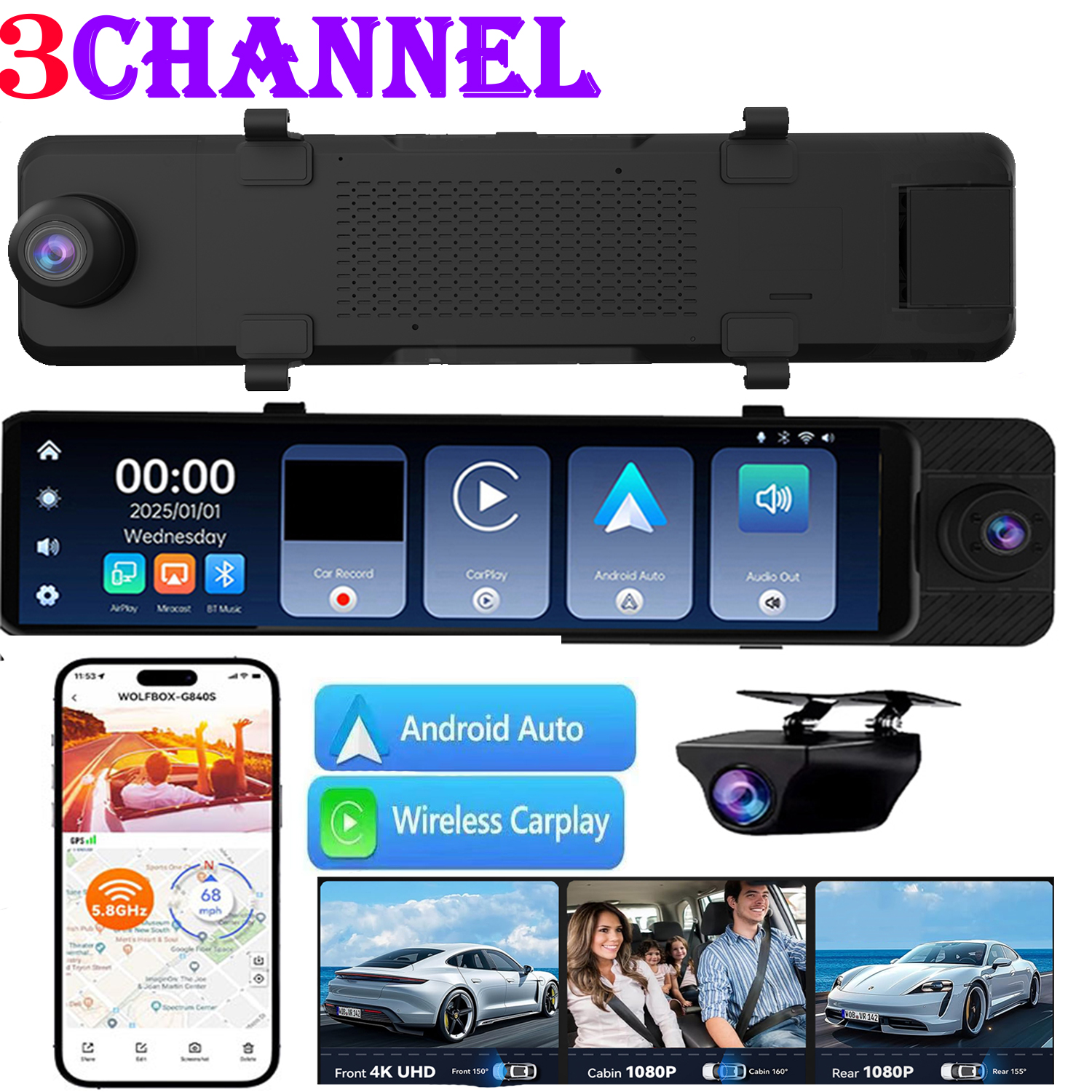 3カメラダッシュカム4K車DVRフロントインサイドリア1080P GPS追跡ナイトビジョンビデオレジストレーターダッシュカム駐車モニター