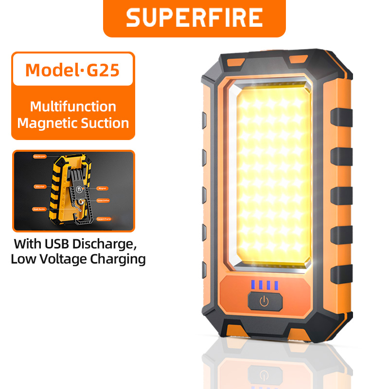 SUPERFIRE G25 ポータブル COB LED 懐中電灯 USB 充電式ワークライト磁気ランテル内蔵バッテリーランプキャンプトーチ