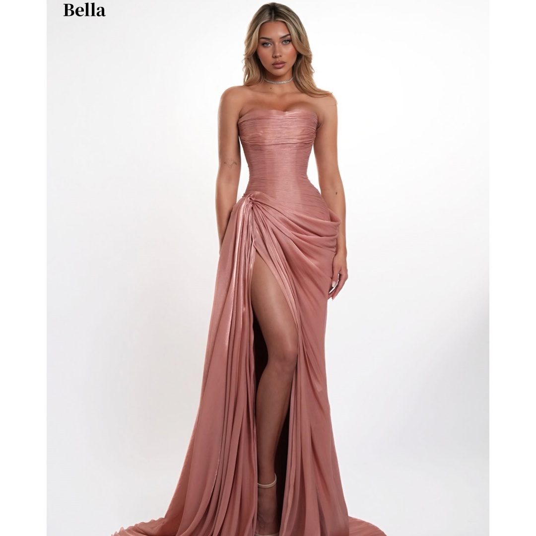 Bella カスタマイズされたダスティピンクシフォンエレガントなプロムドレスストラップレスマーメイドvestidos de nocheシャーリングハイスリットフォーマルイブニング
