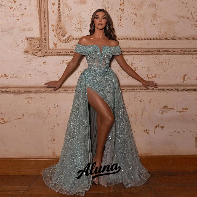 Aluna カスタマイズされた豪華なオフショルダースプリットスパンコールビーズロングウエディングドレス女性のイブニングドレスオーガンザ A ラインドレス