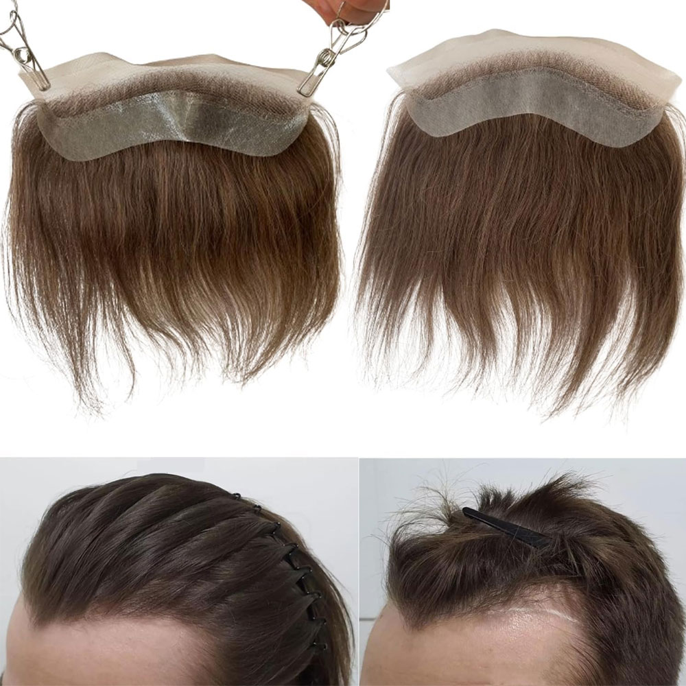 男性のフレンチレースフロントヘアピース 4 × 18 ナチュラルヘアライン V 字型レースポリ PU 額人毛交換システムかつら