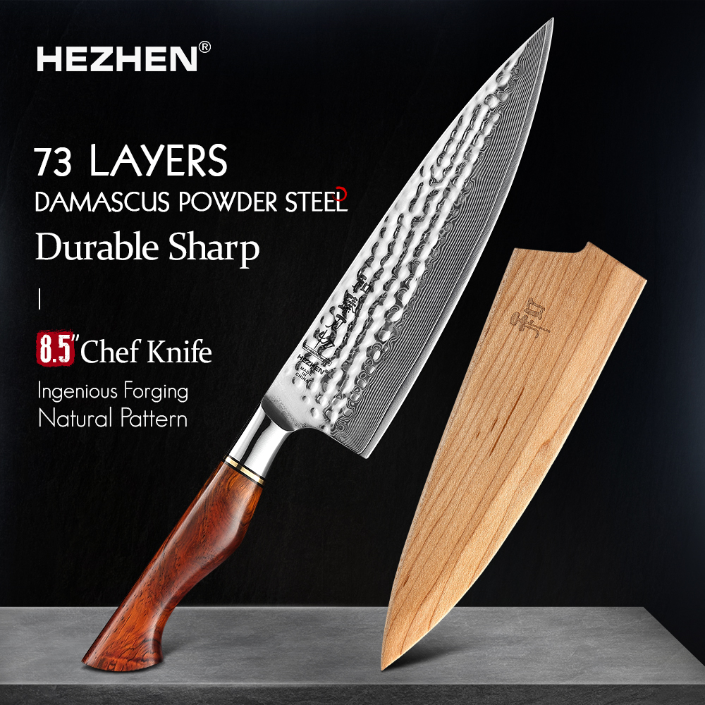 HEZHEN 8.5 インチシェフナイフ 73 層粉末鋼ダマスカス鋼天然ローズウッドハンドルキッチン調理ナイフツールアクセサリー