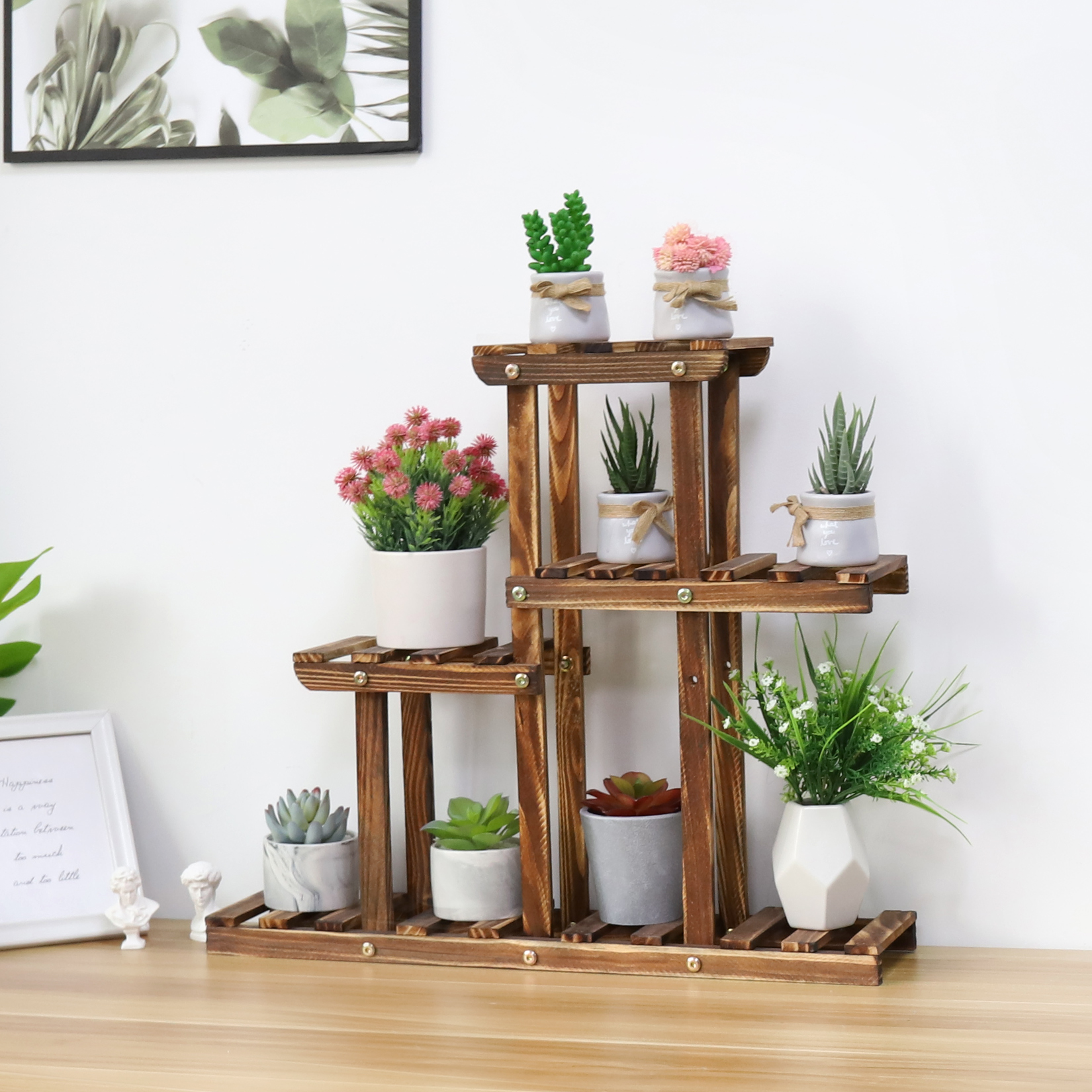 炭化木材植物スタンド多層多肉植物ラックミニデスクトップ植物ホルダー屋外バルコニー庭用