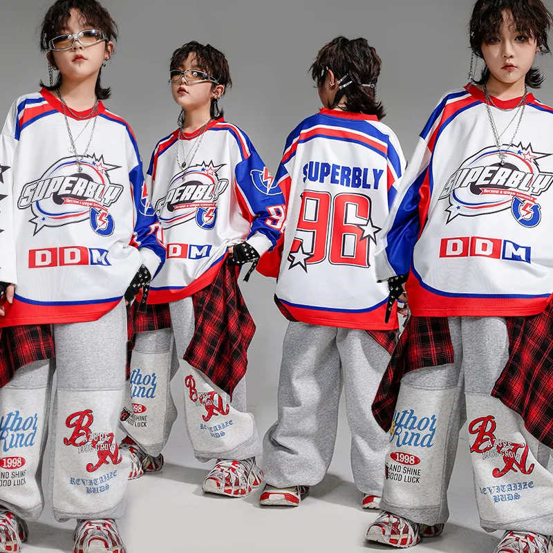 子供 Kpop ヒップホップ服白プリントトレーナートップグレーカジュアルスウェットジョガーパンツ女の子男の子ジャズダンス着用衣装服